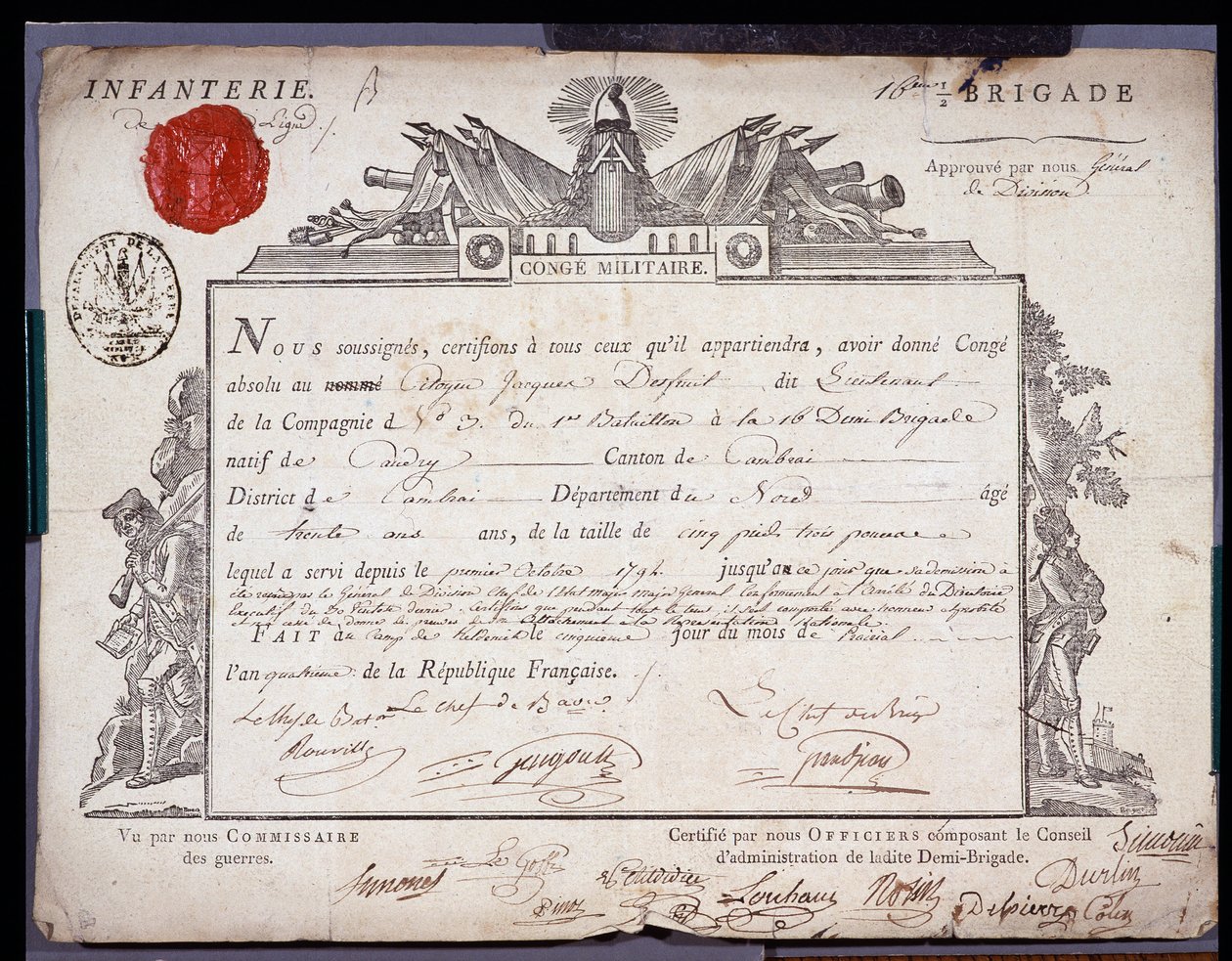 Fransız Devrimi: Cambrai bölgesi tugayından bir teğmenin 5 Prairial yıl IV (24/05/1796) tarihli askeri kalabalık resmi belgesi. Nord Lille Bölüm Arşivleri by Anonymous Anonymous