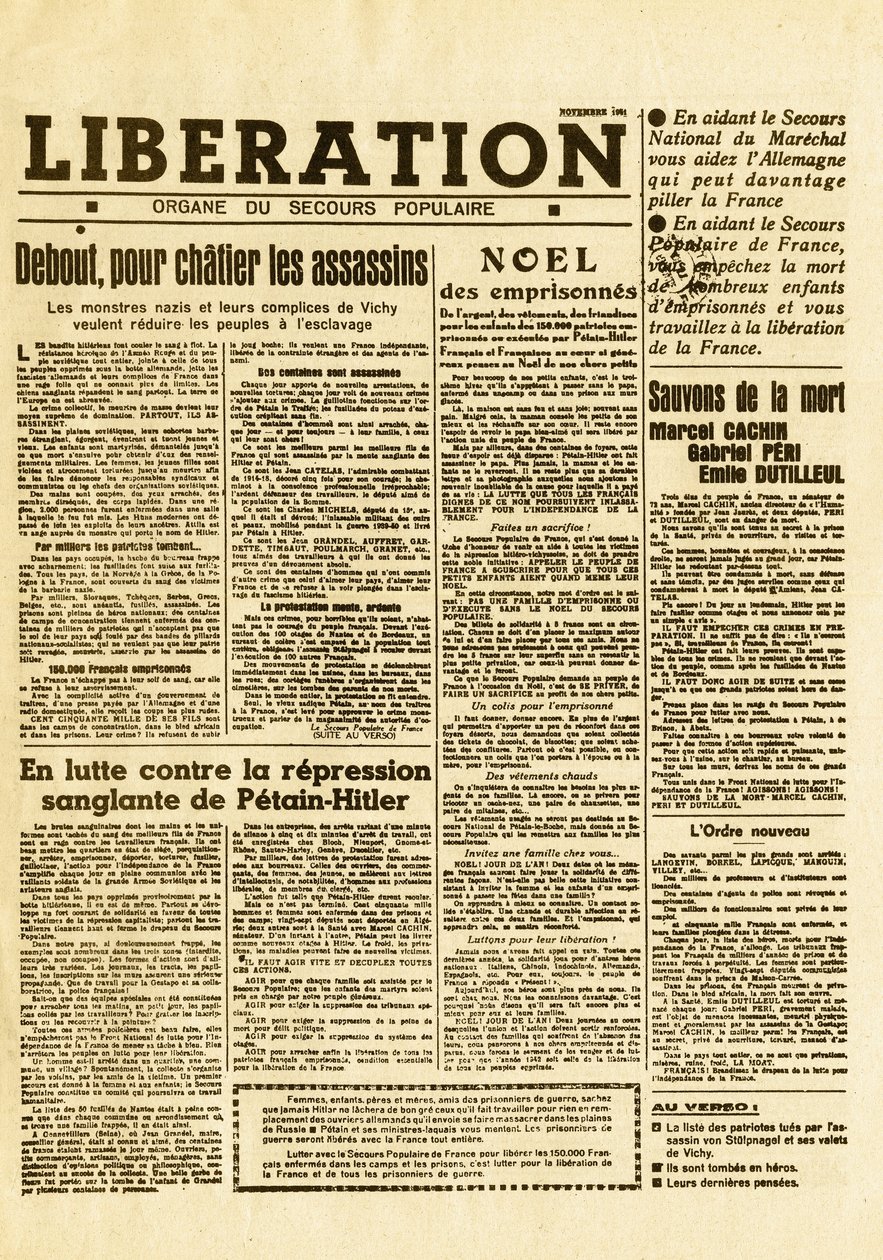 Alman kuvvetlerine karşı Fransız direnişi - Almanca Direniş Hareketleri - gizli gazete - Kasım 1941