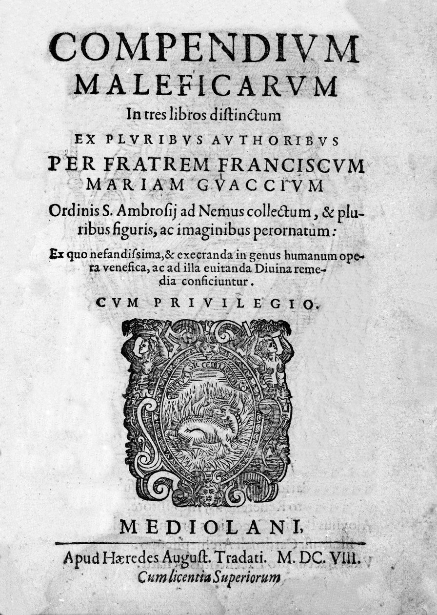 Frontispice “” Compendium Maleficarum” cadılar, onların kötülükleri ve onların sortileri ile ilgili Francesco Maria Guazzo veya Guaccio veya Guaccius (15?? -16??) 1608 by Anonymous Anonymous