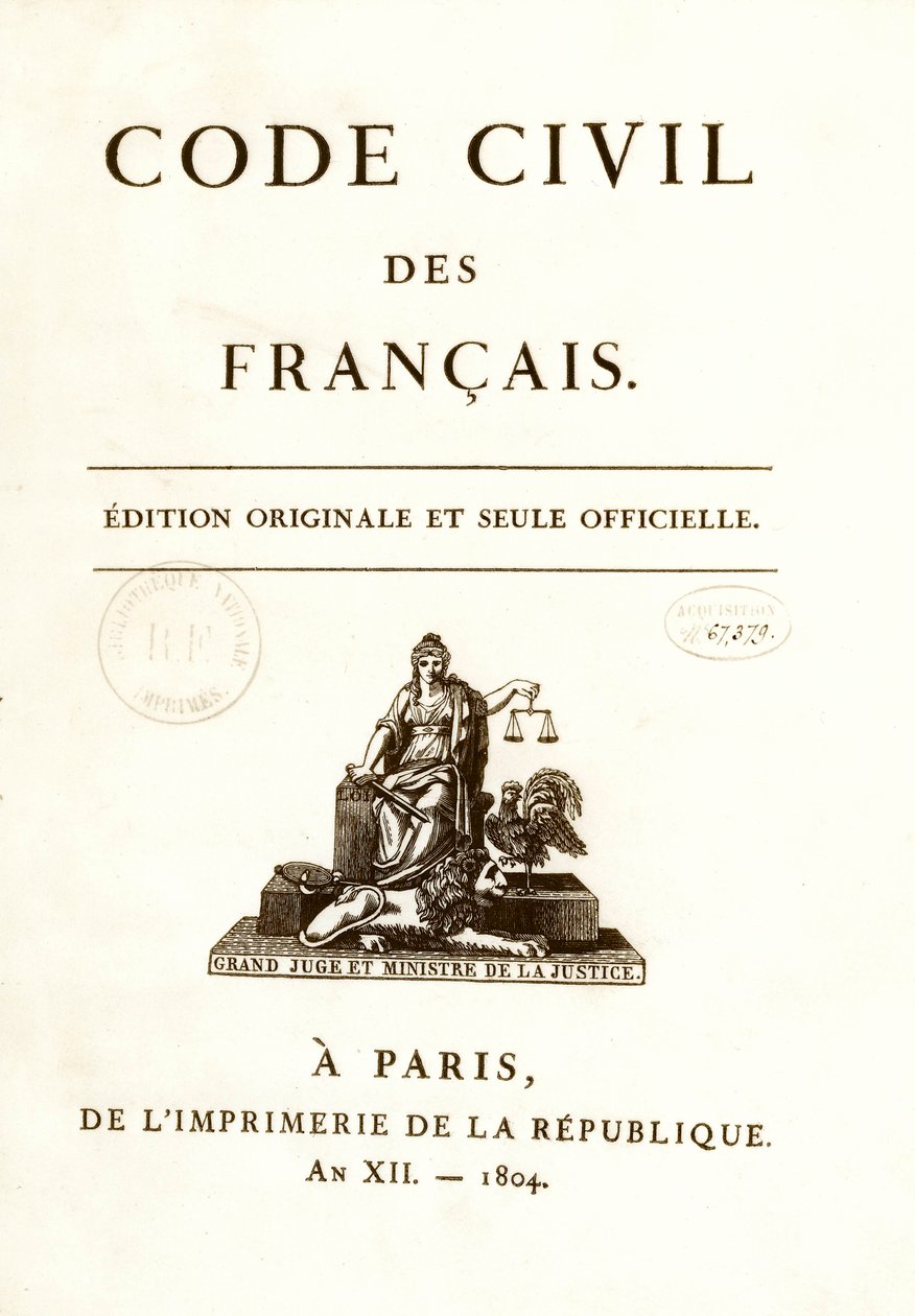Napolyon Bonapart tarafından 21/03/1804 tarihinde ilan edilen “Code Civil des francais”in on iki orijinal baskısından birinin ön yüzü. Fransız Sivil Haklar Yasası. BN Paris by Anonymous Anonymous