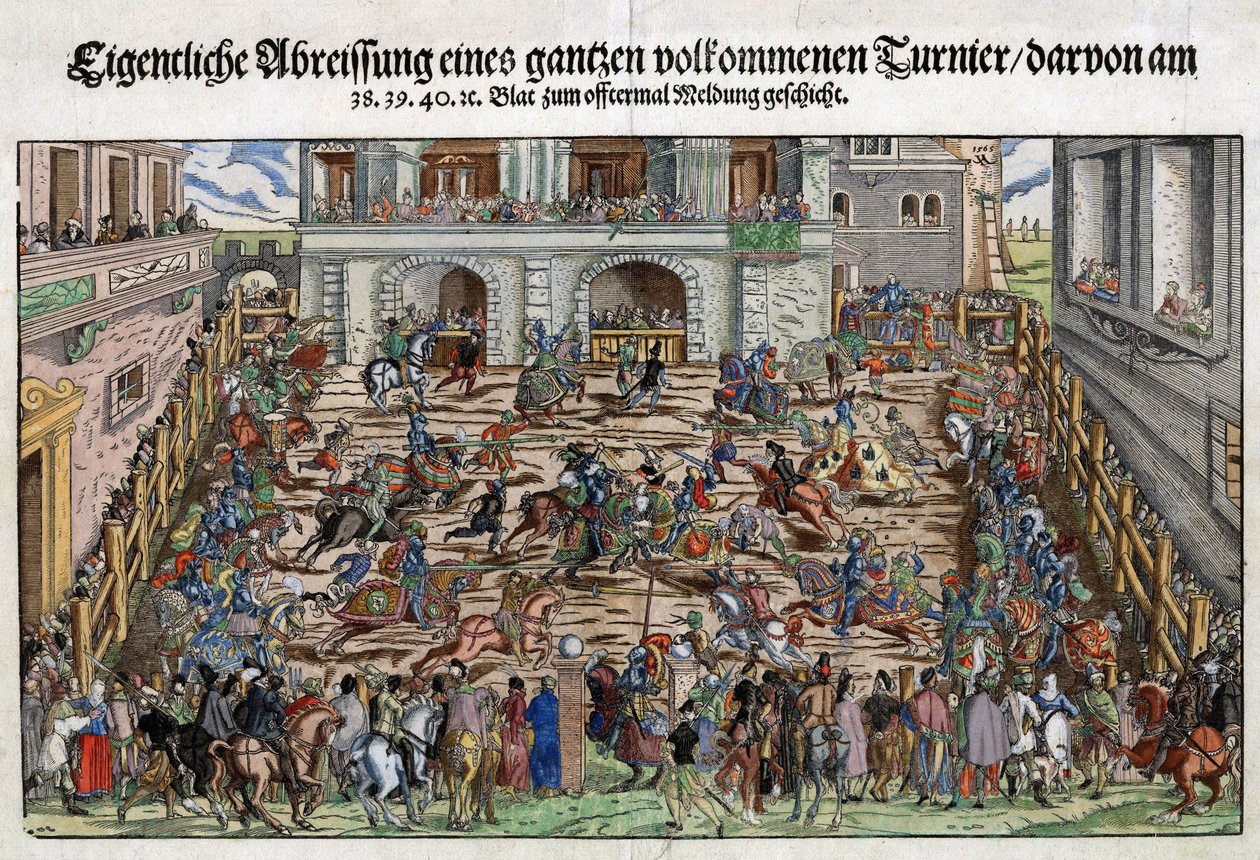 Alman Şövalye Turnuvası - Anonim - yaklaşık 1530 - Bakır gravür, sulu boya - 27,6x37,6 - Özel Koleksiyon by Anonymous Anonymous