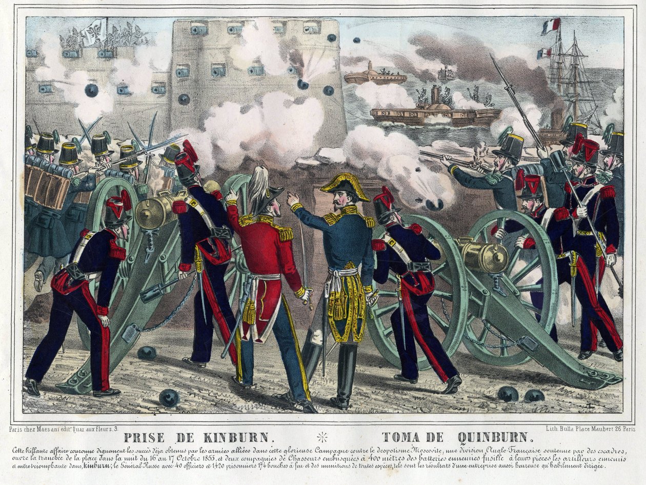 Guerre de Crimee - Bataille de Kinburn (1855) - Kinburn Bombardımanı - Anonim - 1857 - Litografi, suluboya - 29,5x42,7 - Özel Koleksiyon by Anonymous Anonymous