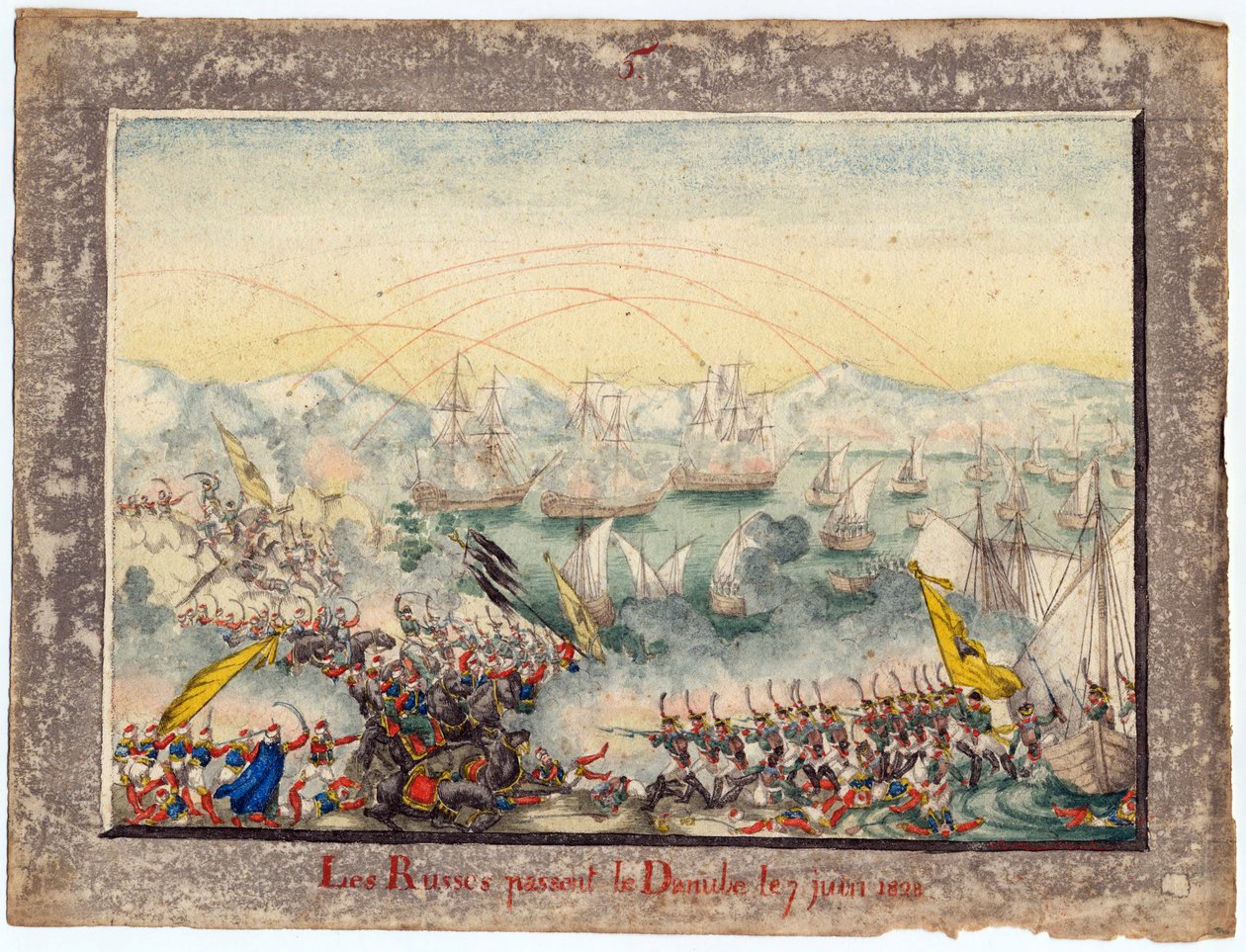 Guerre russo-turque de 1828-1829 - Ruslar 1828'de Tuna'yı geçti - Anonim - 1829 - Kağıt üzerine suluboya - 22x30 - Özel Koleksiyon by Anonymous Anonymous