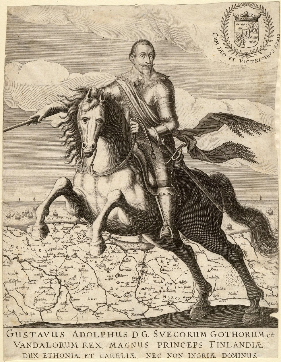 Gustave II Adolphe, dit le Grand ou le lion du Nord (1594-1632), İsveç kralı, Pomeranya haritasına biniyor - Gustavus Adolphus arka planda Pomeranya haritasından önce - Anonim - 1630 - Bakır gravür - 30,4x23, 9 - Özel koleksiyon by Anonymous Anonymous