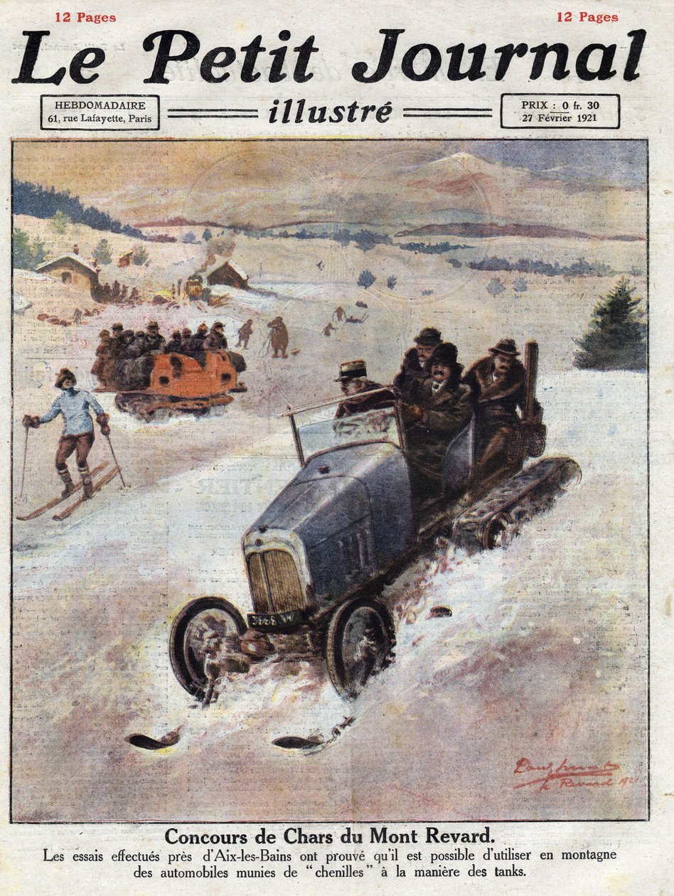 Dağlarda arabalarda yenilik, tekerleklere raylar yerleştirildi, bozulmalar önlendi. 27/02/1921 tarihli “Le petit Journal”dan alınan resim. Özel koleksiyon by Anonymous Anonymous