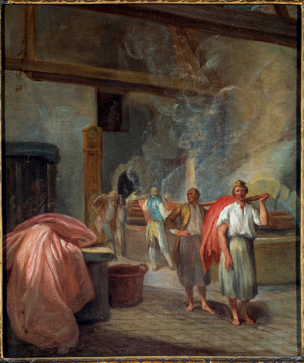 Les Gobelins Anonim tablosundaki bir boyama atölyesinin içi. 1760. Soluk 0,37 x 0,30 m Paris, Musee Carnavalet by Anonymous Anonymous
