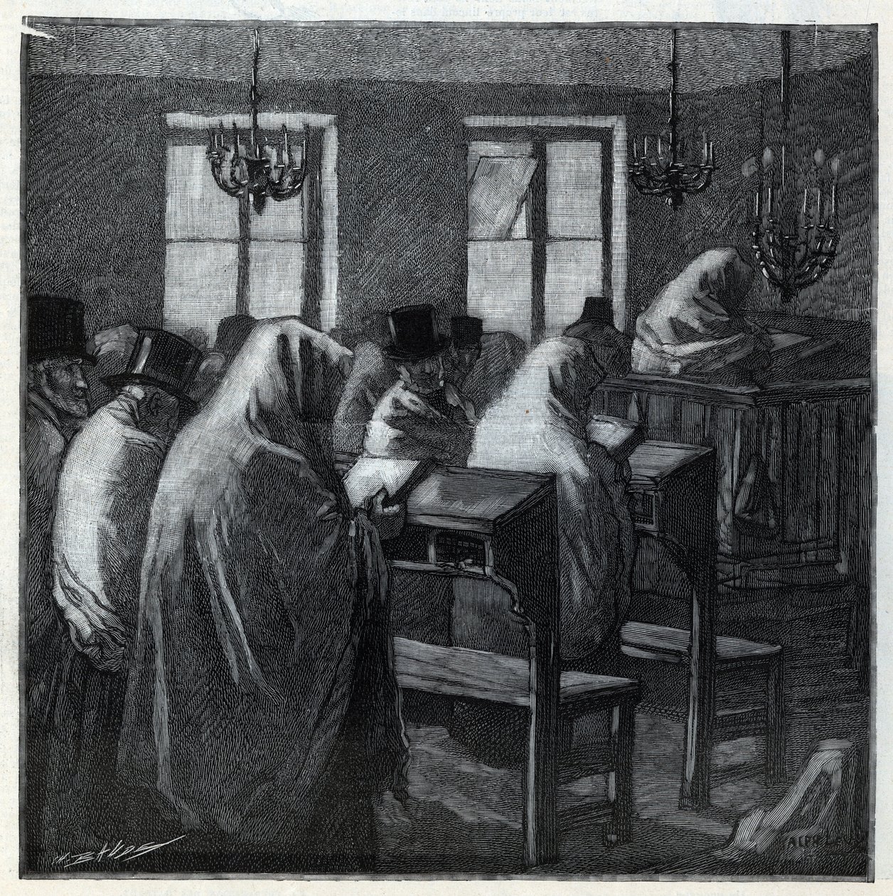 Yahudi bayramları: bayramlarda bir hitabet içinde dua sırasında fideler. 1892 tarihli “Le monde illustree”deki gravür. Özel koleksiyon. by Anonymous Anonymous