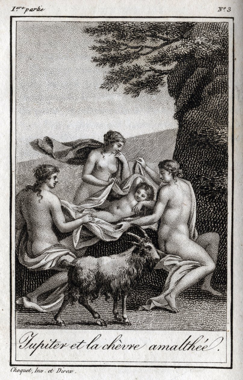 Keçi Amalthee tarafından beslenen Jüpiter çocuğu. Charles Albert Demoustier (1760-1801) tarafından "Lettres a Emilie sur la mitolojisinde" 1819