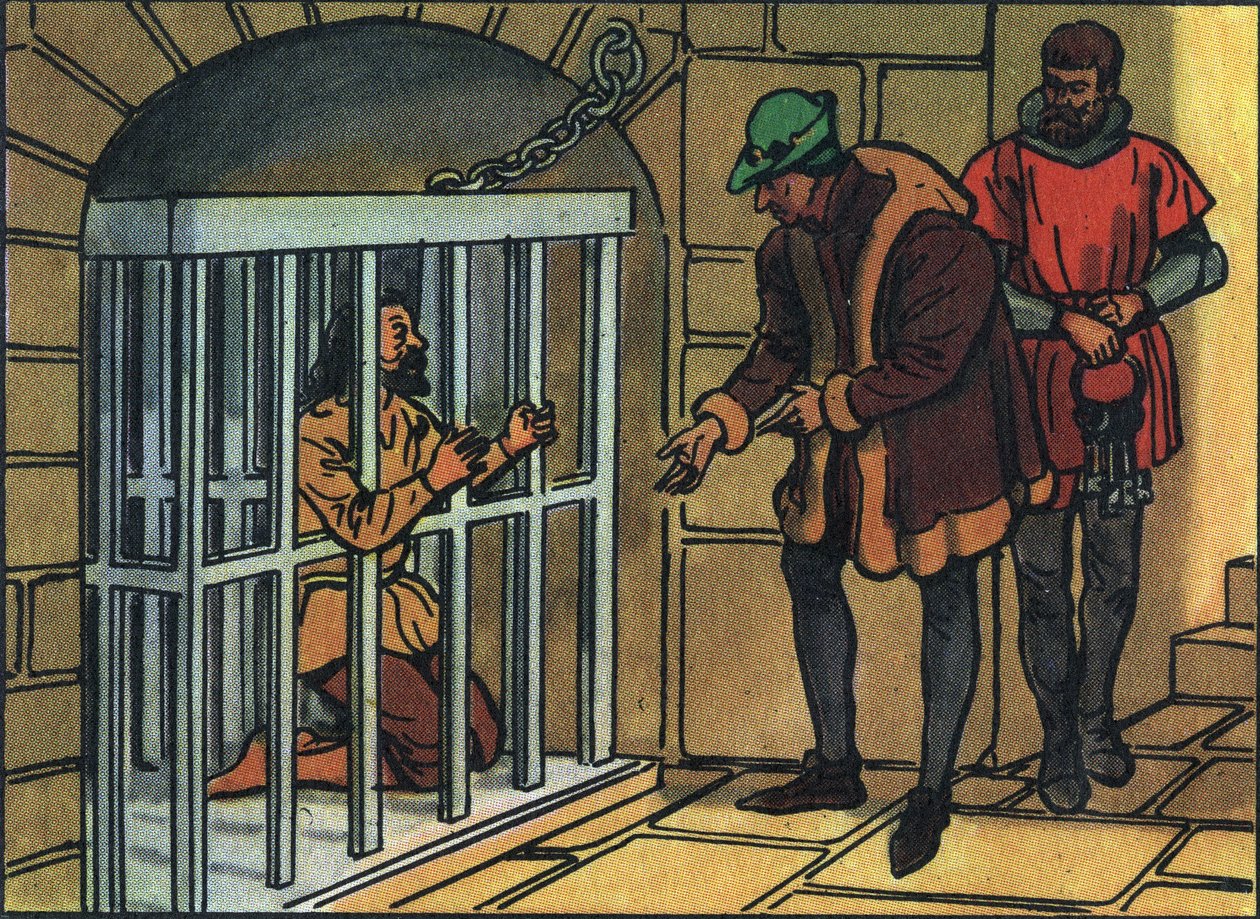 Kral Louis XI, Bastille hapishanesinin kafeslerini ziyaret ediyor. “Fransa Hükümdarları ve Devlet Başkanları Koleksiyonu”nda anonim illüstrasyon. 20. yüzyıl. Özel koleksiyon. by Anonymous Anonymous