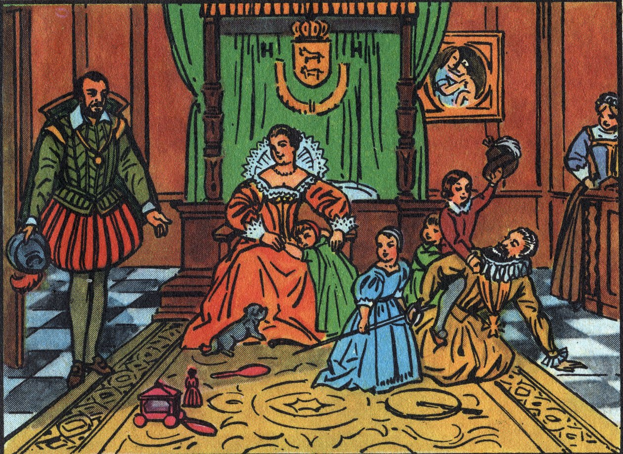 Fransa Kralı IV. Henry (1553-1610) İspanyol büyükelçisinin önünde çocuklarıyla oynuyor Ortada Medicis Kraliçesi Mary, çocuklar Louis XIII, Fransa Elizabeth, Fransa Christine ve Nicolas. “” Collectio