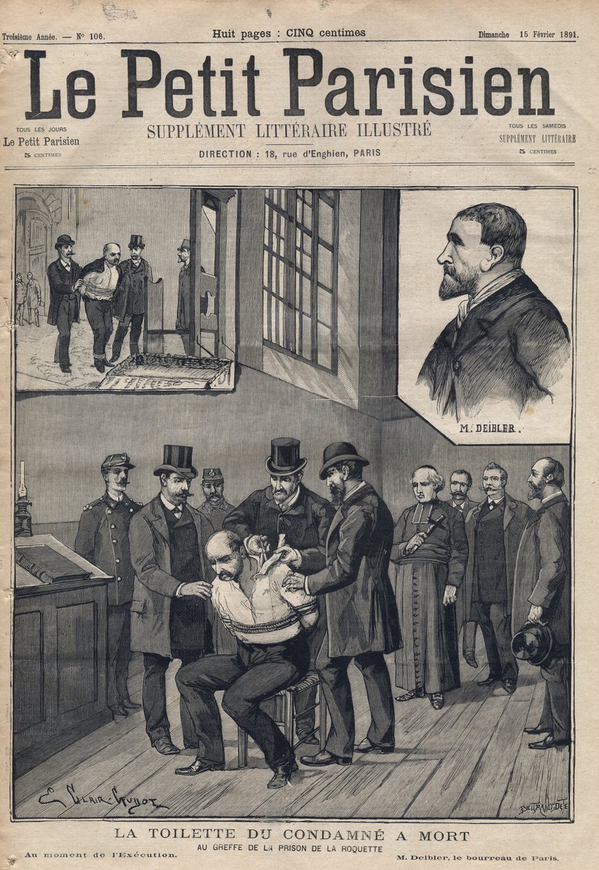 La Toilette du convicne a ölüm (Deibler) hapishane de la Roquette sicilinde - 1891 tarihli “Le petit Parisien”deki gravür. Özel koleksiyon. by Anonymous Anonymous