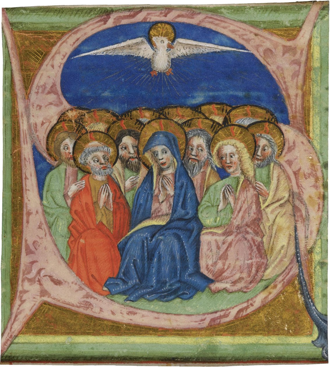 ""La pentecote"" (Pentecost) İsimsiz bir el yazmasından ilk S harfi kademeli olarak 1430 Dim 10.2x9.3 cm (İlk S bir el yazmasından Kademeli Anonim, yaklaşık 1430 - Parşömen üzerine suluboya) Özel Koleksiyon by Anonymous Anonymous