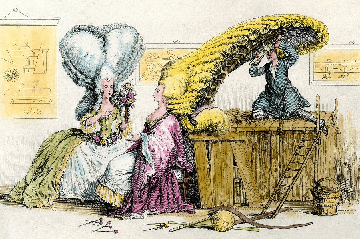 Büyük eksantrik saç modelleri: bir peruk tarafından şekillendirilmiş soyluların genç kadınları. 1788 Özel Koleksiyondan Gravür by Anonymous Anonymous