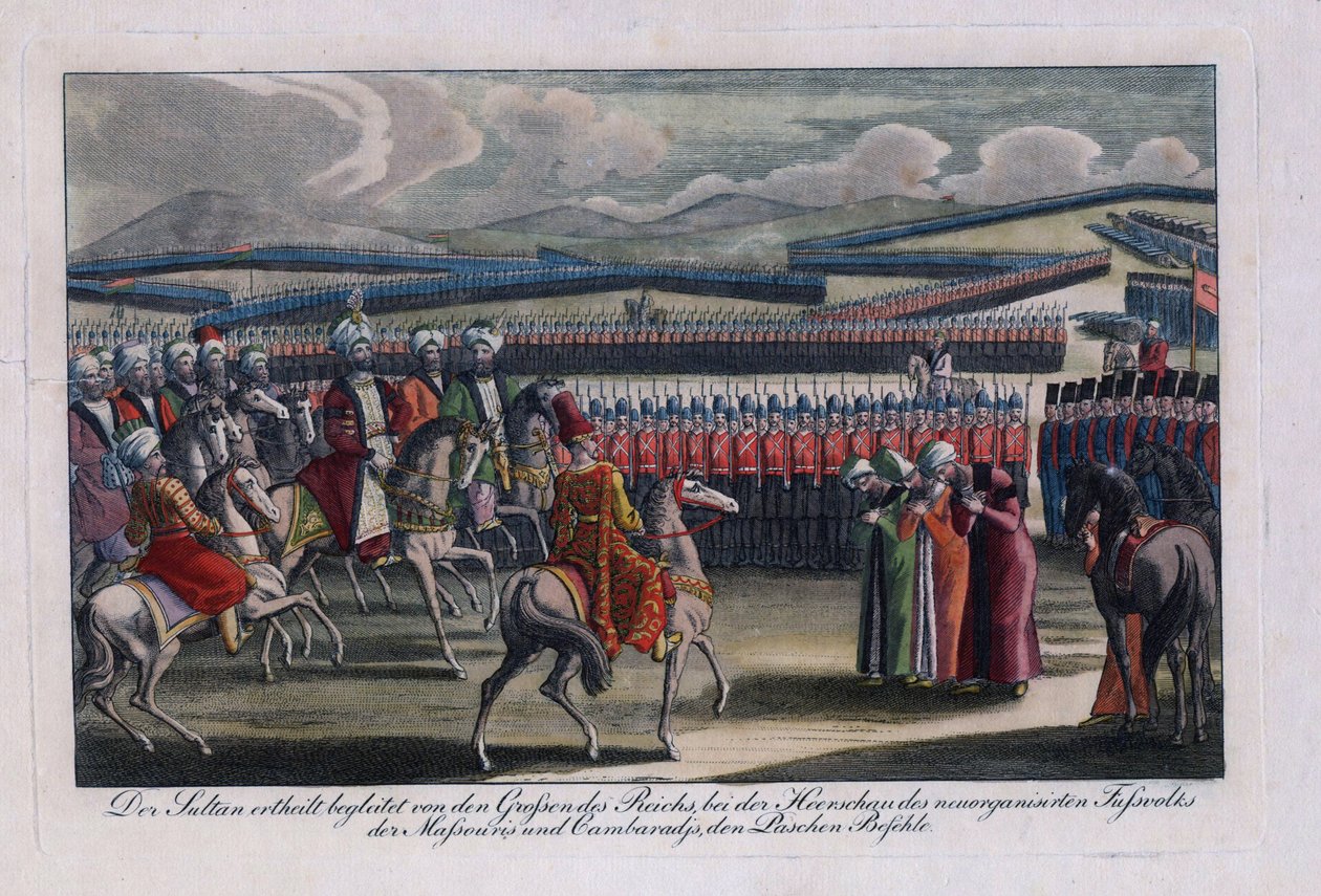 ""Osmanlı padişahı III. Selim (1761-1808) yeni piyadesini gözden geçiriyor"" Anonim gravür 1806 Özel koleksiyon by Anonymous Anonymous
