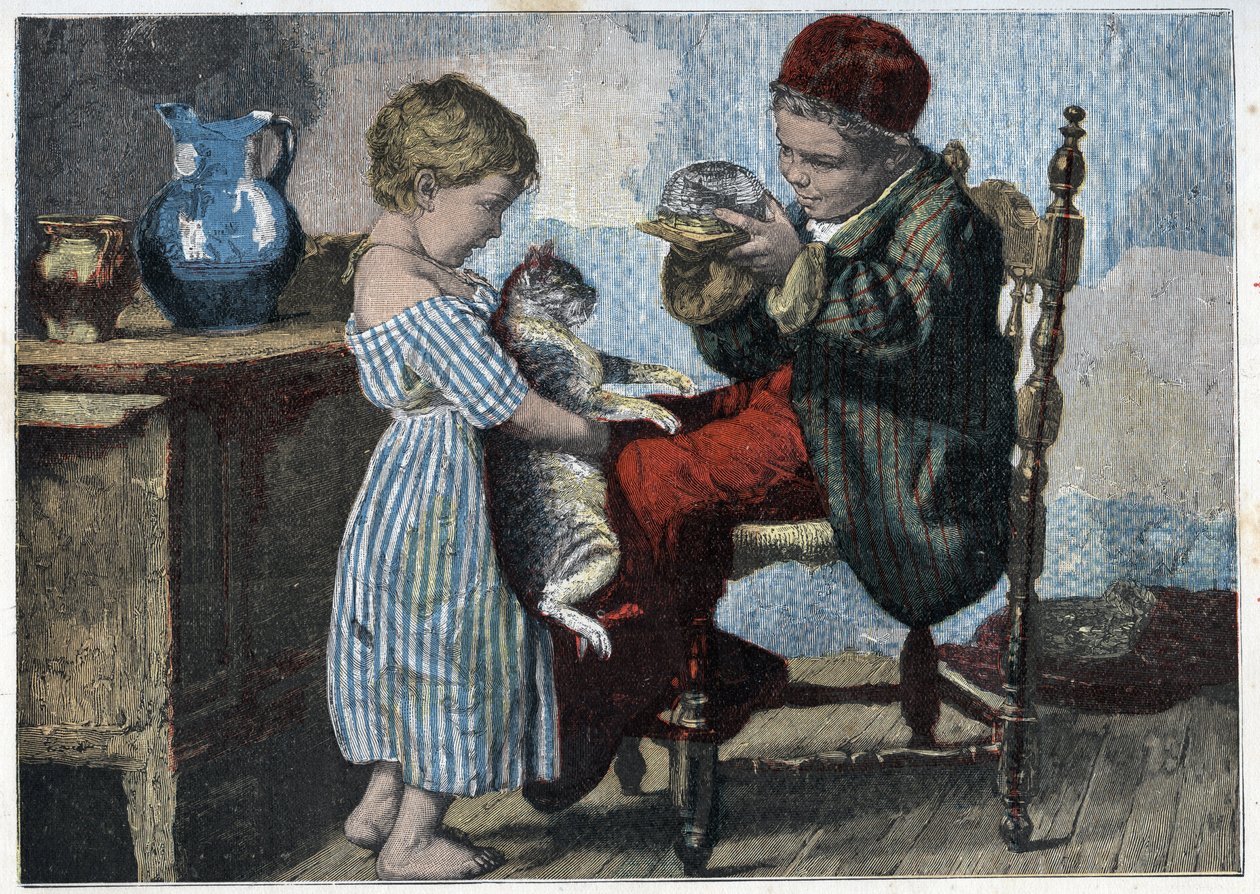 Les trennes de Minou. 19. yüzyılın sonundan gravür. Özel koleksiyon. by Anonymous Anonymous