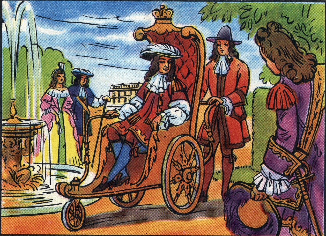 Louis XIV, Versailles parkında yürüyen bir tekerlekli sandalyede oturan Fransa Kralı Louis XIV (1638-1715) gezinti yoluna sahiptir. “” Collection des souverains et Chefs d