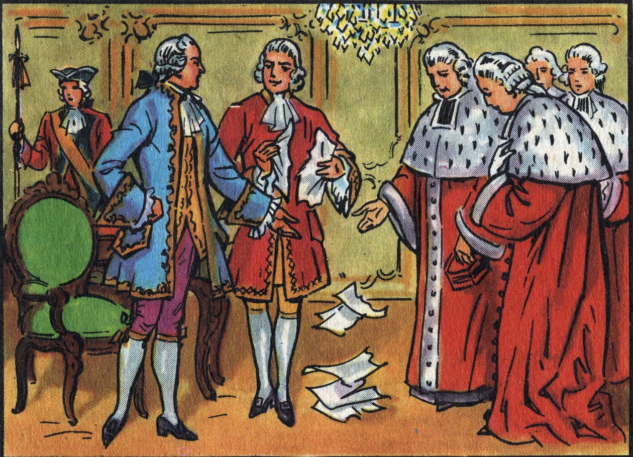 Fransa Kralı Louis XV (1710-1774), parlamentonun kararlarını bozar. “Fransa Hükümdarları ve Devlet Başkanları Koleksiyonu”nda anonim illüstrasyon. 20. yüzyıl. Özel koleksiyon. by Anonymous Anonymous