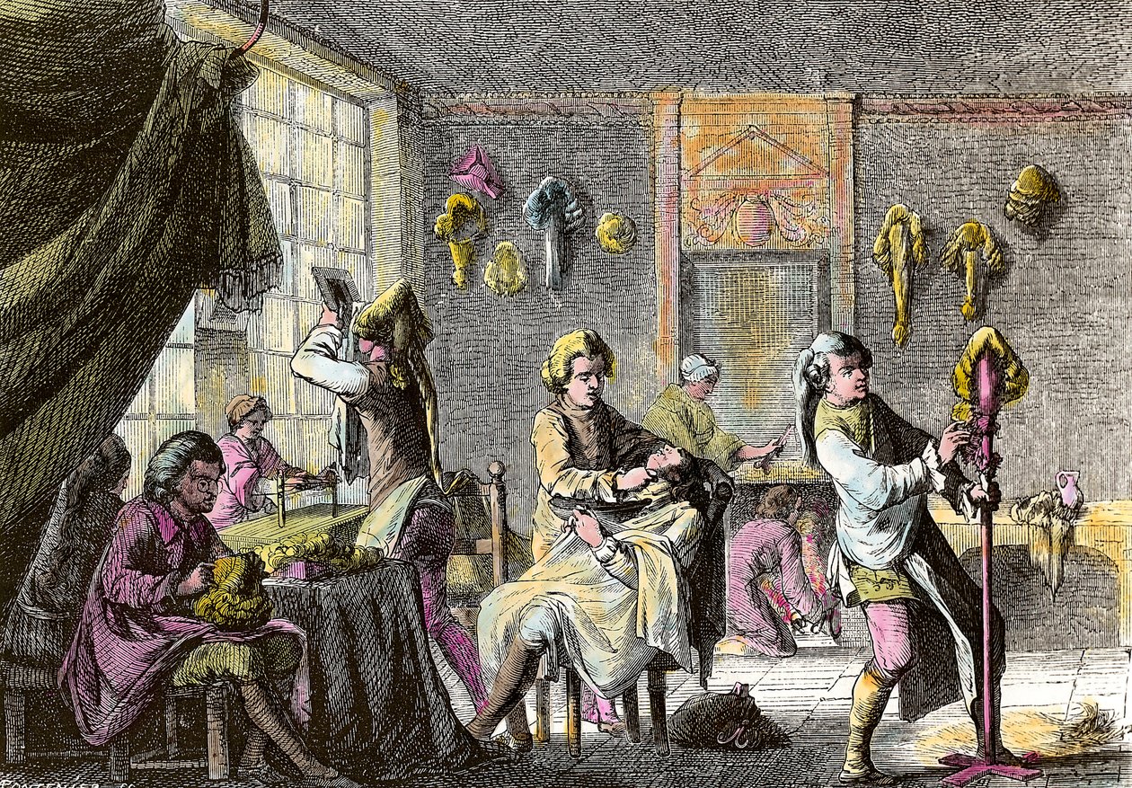Louis XV modası: bir peruk kuaförünün iç görünümü. 1755 civarında gravür. Özel koleksiyon by Anonymous Anonymous