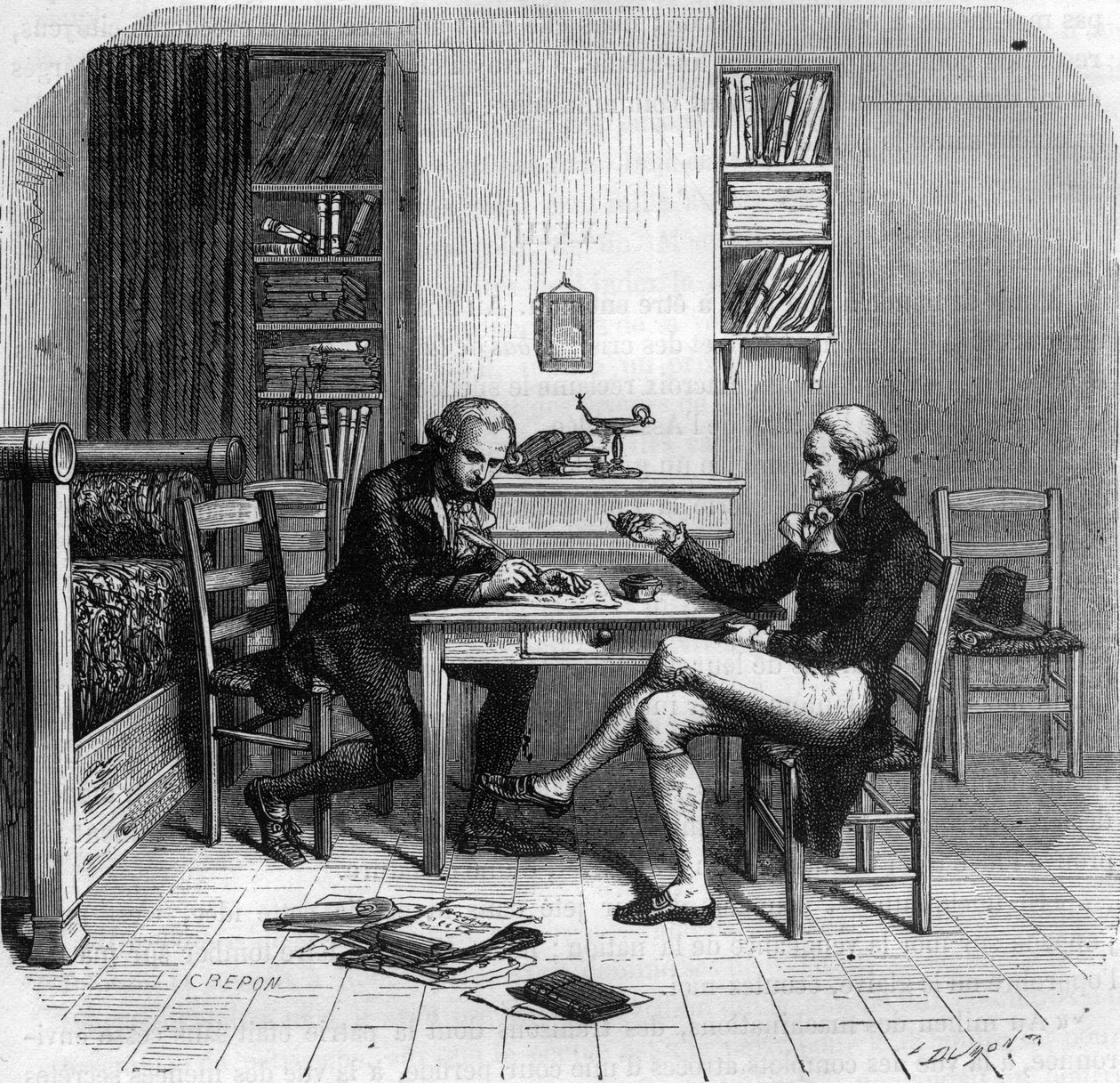 Maximilien de Robespierre 1758-1794, Fransız politikacı, Maurice Duplay ile odasında Kamu Güvenliği Komitesi Üyesi - Chambre de Maximilien de Robespierre chez Maurice Duplay (1736-1820) rue Saint-Honore a Paris - “Histoire des Gi” de gravür by Anonymous Anonymous