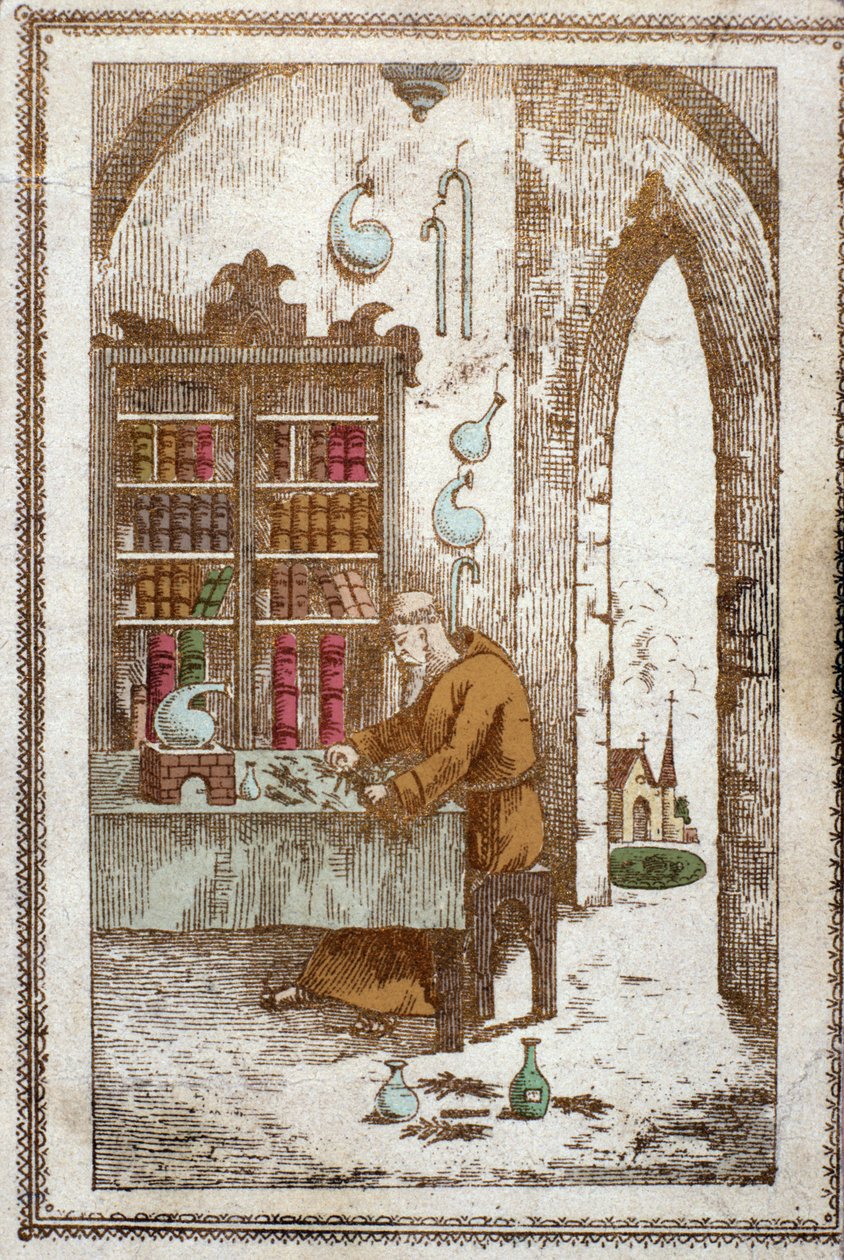 Keşiş bitkileri damıtma için hazırlıyor. 19. yüzyıl gravürü. by Anonymous Anonymous
