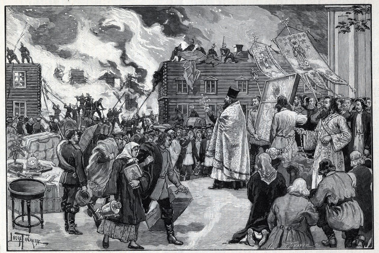 Moskova, Kaluga banliyösünde yangın: Ortodoks din adamları şehri korumak için Kutsal Görüntüleri (Kutsal Görüntüler) sunan ve yangına müdahale eden itfaiyeciler. 1892 tarihli “Le monde illustree”deki gravür. Özel koleksiyon. by Anonymous Anonymous