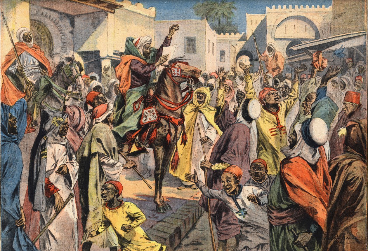 Mouley Hafid (Moulay-Hafid) Fez'e Sultan'ı ilan eder: Halkın feryatları kalabalığa duyuruyu duyurur. “Le Petite Parisien” gazetesinden gravür, 26/01/1908. Özel koleksiyon. by Anonymous Anonymous