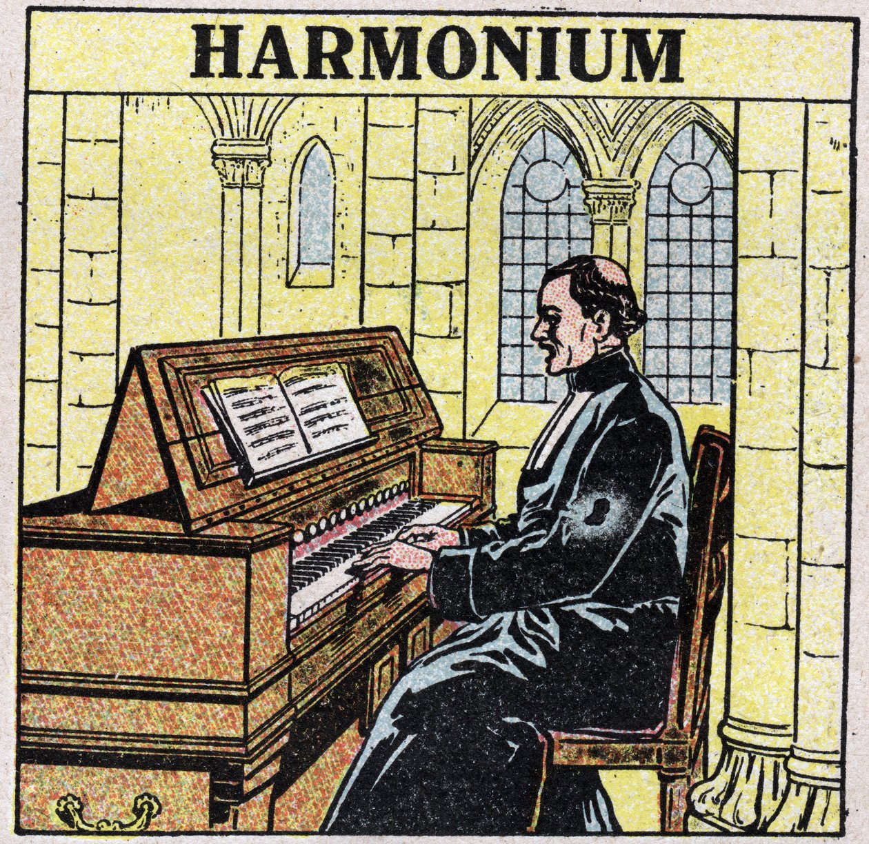 Müzik aletleri: kalçada nefesli çalgılar. Bir kilisede harmonium çalar. 1925