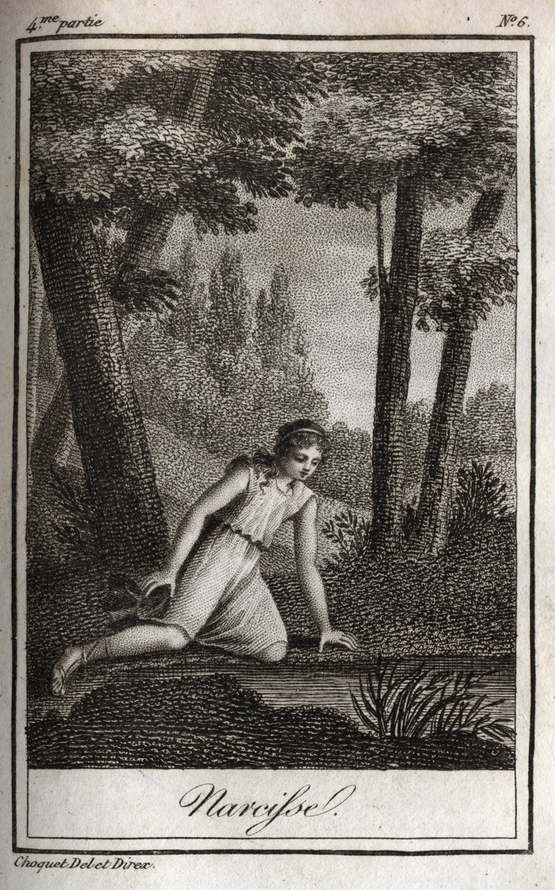 Narcisse kendi yansımasını düşünürken (Narciso) 1819 gravürü Charles Albert Demoustier (1760-1801) tarafından "Lettres a Emilie sur la mitoloji”de. Özel koleksiyon. by Anonymous Anonymous