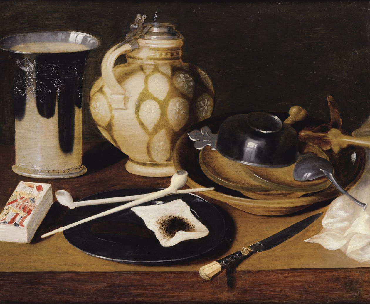 "Pipo, Pırlanta Kralı, Bıçak ve Sürahi ile Natürmort" 1650 civarı İsimsiz tablo Ahşap üzerine yağlı boya, 52x64 cm ebadında Özel Koleksiyon by Anonymous Anonymous