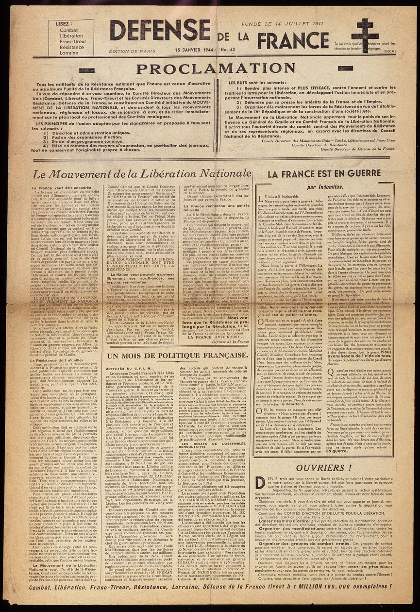 15/01/1944 tarihli “” Défense de France” gizli gazetelerinden biri by Anonymous Anonymous