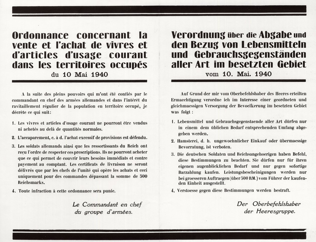 “” İşgal Altındaki Topraklarda Yiyecek ve Ortak Amaçlı Eşyaların Satışı ve Satın Alınmasına İlişkin Yönetmelik” - Fransızca-Almanca iki dilli afiş by Anonymous Anonymous