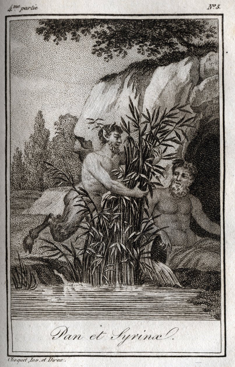 Pan ve su perisi Syrinx sazlara dönüştü (Pan ve Nymph Syrinx). Charles Albert Demoustier (1760-1801) tarafından "Lettres a Emilie sur la mitolojisinde" 1819