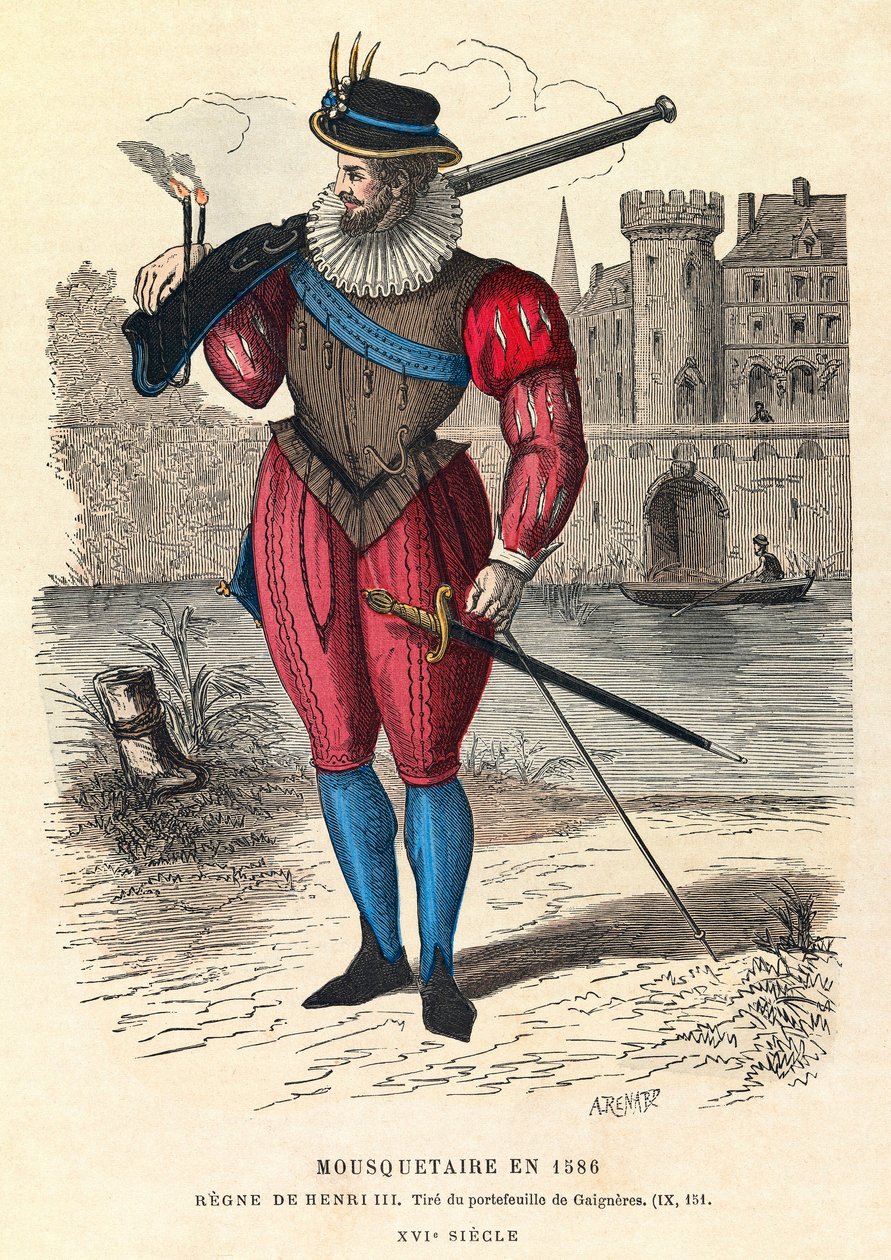 1586'da Paris'te (Kral III. Henry'nin saltanatı altında) bir silahşör portresi, gravür, özel koleksiyon - Paris'te silahşör by Anonymous Anonymous