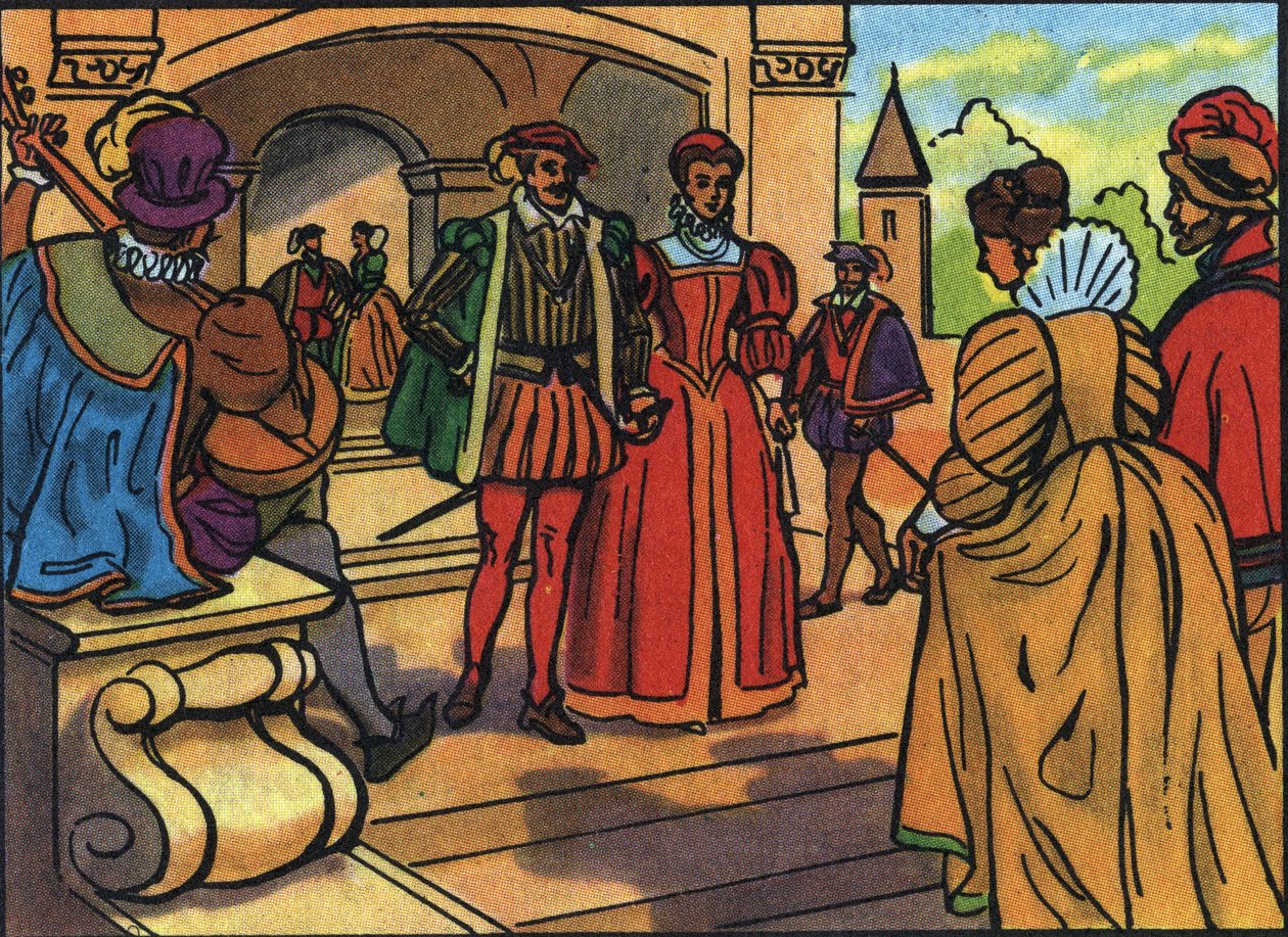 Henry II (1519-1559) ve Catherine de Medici (Caterina de Medici) (1519-1589), Fransa Kralı ve Kraliçesi Portreleri. “Fransa Hükümdarları ve Devlet Başkanları Koleksiyonu”nda anonim illüstrasyon. 20. yüzyıl. Özel koleksiyon. by Anonymous Anonymous