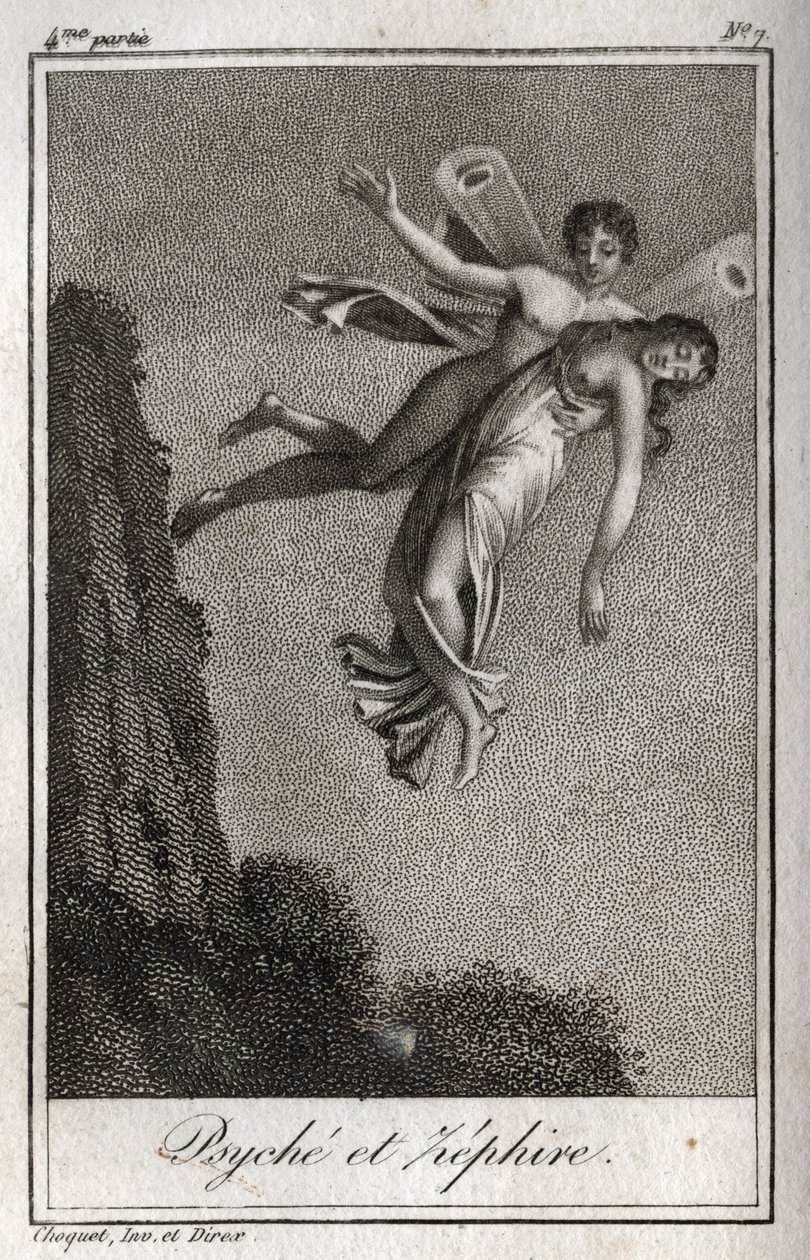 Zephyr tarafından taşınan Psyche. Charles Albert Demoustier (1760-1801) tarafından "Lettres a Emilie sur la mitolojisinde" 1819