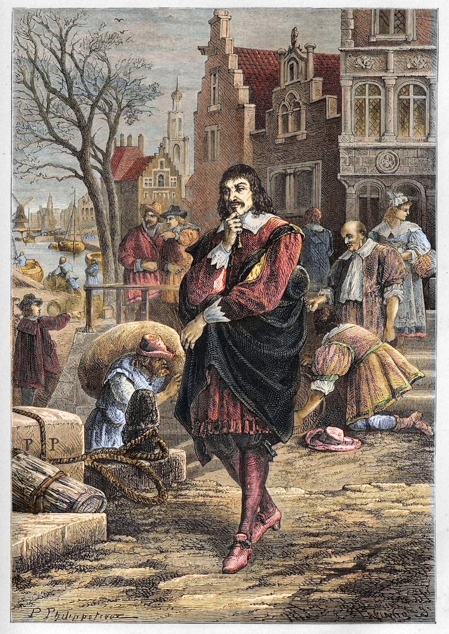 Rene Descartes (1596-1650), Amsterdam sokaklarında yürüyen Fransız filozof ve matematikçi - Amsterdam'daki Descartes - "" L'histoire de France tellee à mes grandenfants" dan gravür - Francois Guizot tarafından - 1872-1876 by Anonymous Anonymous