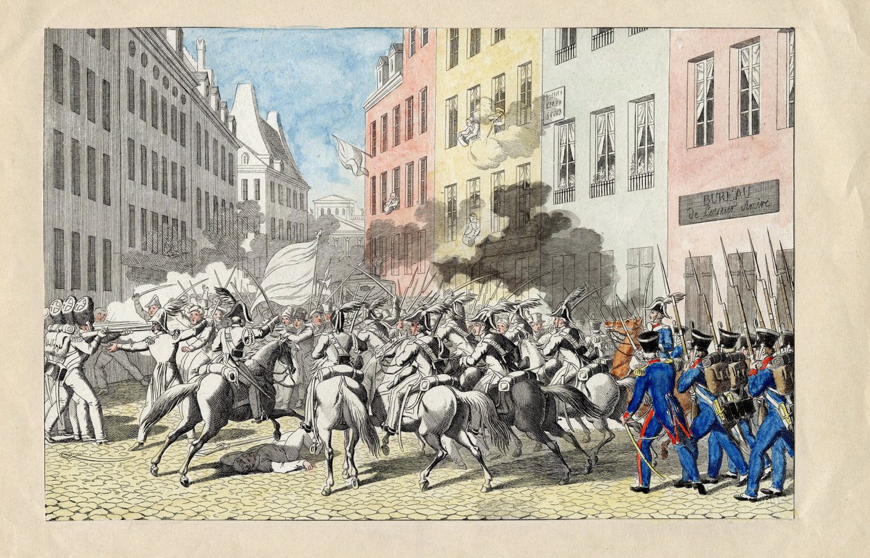 Revolution de Juillet 1830 a Paris (1830 Temmuz Devrimi) Anonim gravür ve suluboya 1830 Dim 25,7x40,3 cm Özel Koleksiyon by Anonymous Anonymous