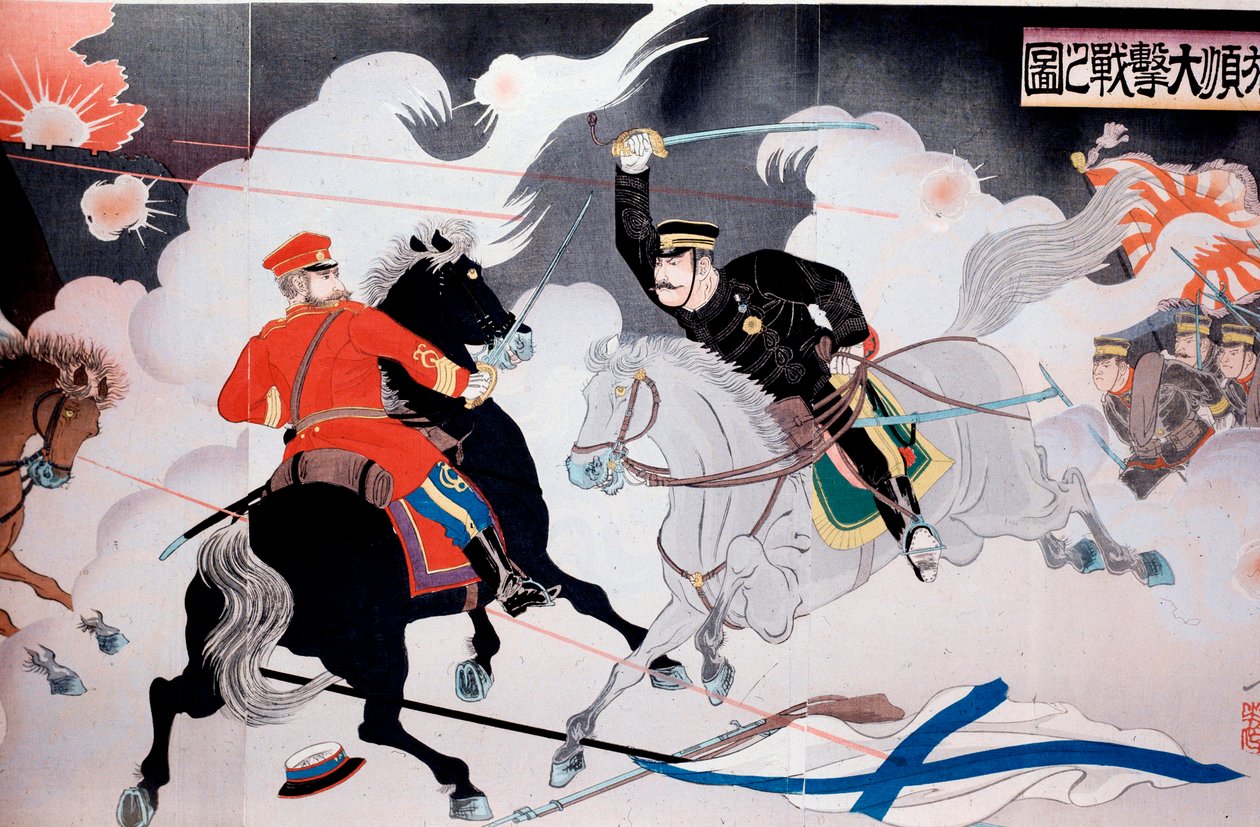 Rus-Japon Savaşı (1904-1905) iki atlının savaşını betimleyen Japon baskısı. 20. yüzyıl Özel Koleksiyonunun Başlangıcı by Anonymous Anonymous