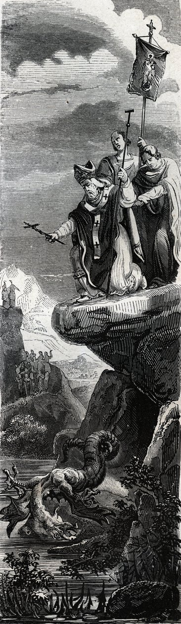 Aziz Cephesi (Perigord'un ilk müjdecisi) (3. yüzyıl) Dordogne'da ejderhayı çökertiyor - “” Azizlerin Yaşamları””nda 1846 gravürü. Özel koleksiyon. by Anonymous Anonymous