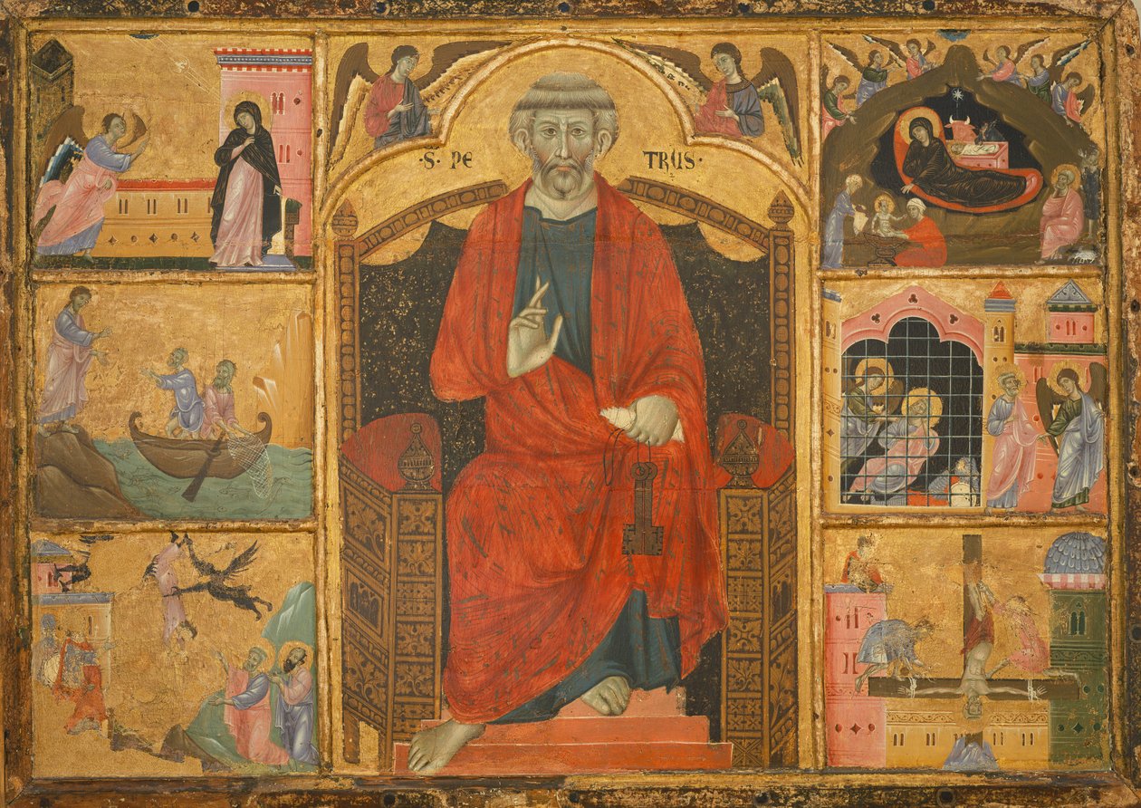 İncil sahneleriyle çevrili bir tahtta Aziz Petrus (ahşap üzerine resim) by Anonymous Anonymous