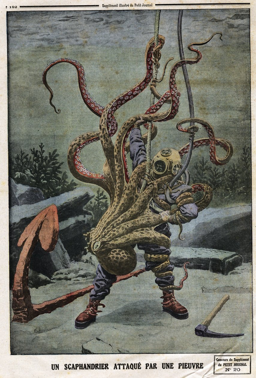 Scaphandler bir ahtapot tarafından saldırıya uğradı. Gravür, 16/06/1912 tarihli “Le petit Journal””. Özel koleksiyon. by Anonymous Anonymous