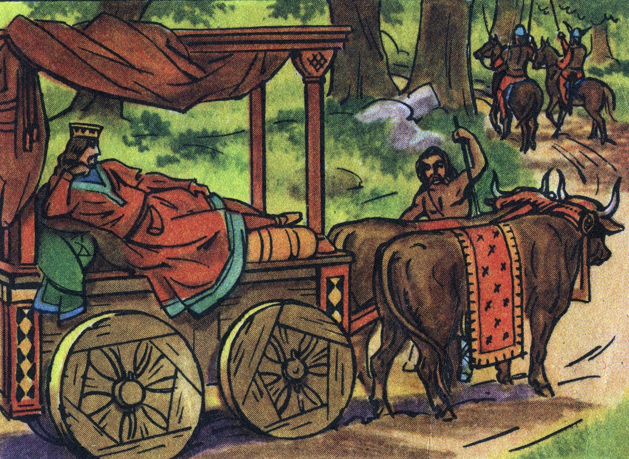 Tembel kralları betimleyen sahne: Fransa Kralı III. Thierry (673-691) öküzlerin çektiği yatağı olan bir tankta taşır. “” Collection des souverains et Chefs d