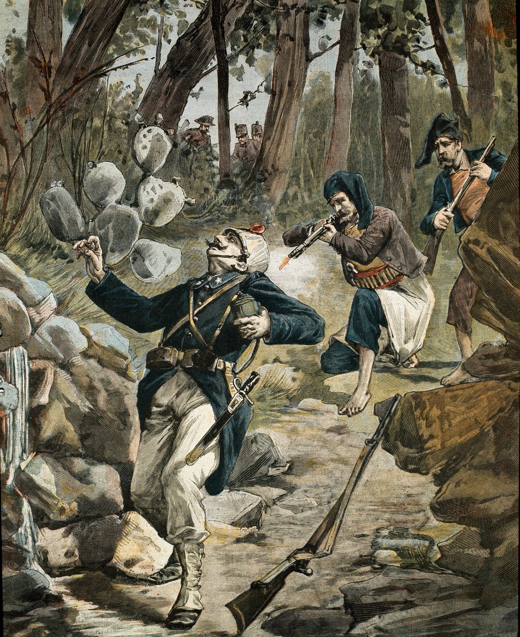 Sardunyalı haydutlar ile İtalyan ordusu arasında ormanda silahlı çatışma (gravür) by Anonymous Anonymous