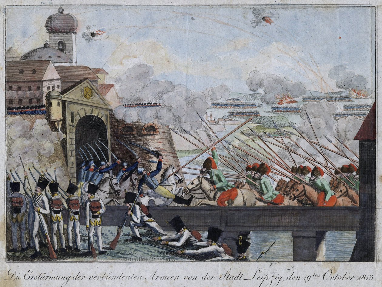 Leipzig şehrinin Müttefik birlikler tarafından basılması - bataille de Leipzig ou bataille des Nations (16-19 Ekim 1813) - Anonim - 1813 - Gravür, suluboya - 33,3x27 - Özel Koleksiyon by Anonymous Anonymous