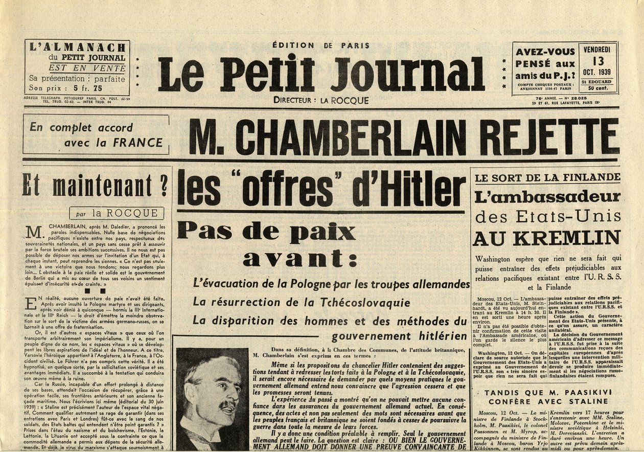 THE SMITTLE JOURNAL CUMA 13 EKİM 1939 Neville CHAMBERLAIN (1869-1940) Adolf Hitler