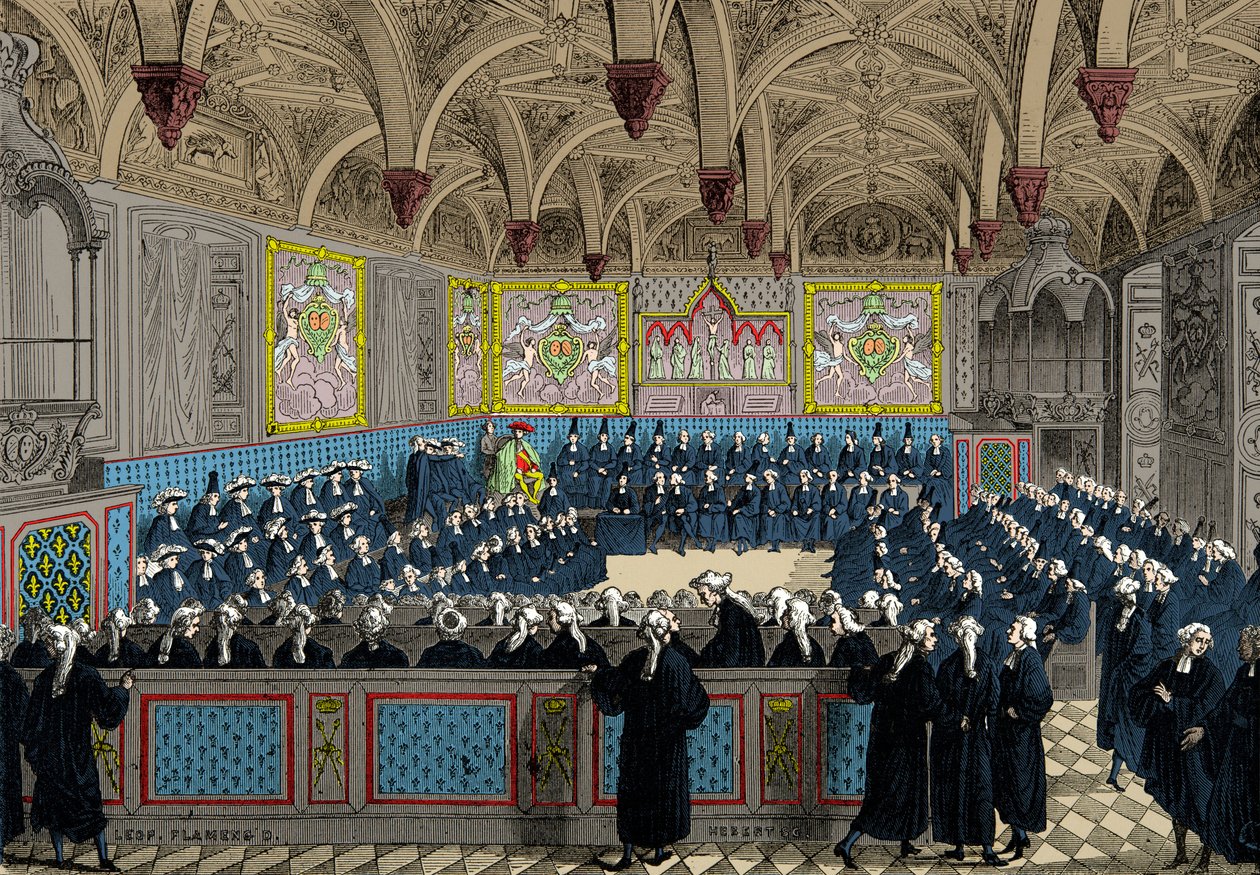 The Assembly of Parliament in 1787 in the presence of King Louis XVI, Engraving, Private Collection by Anonymous Anonymous
