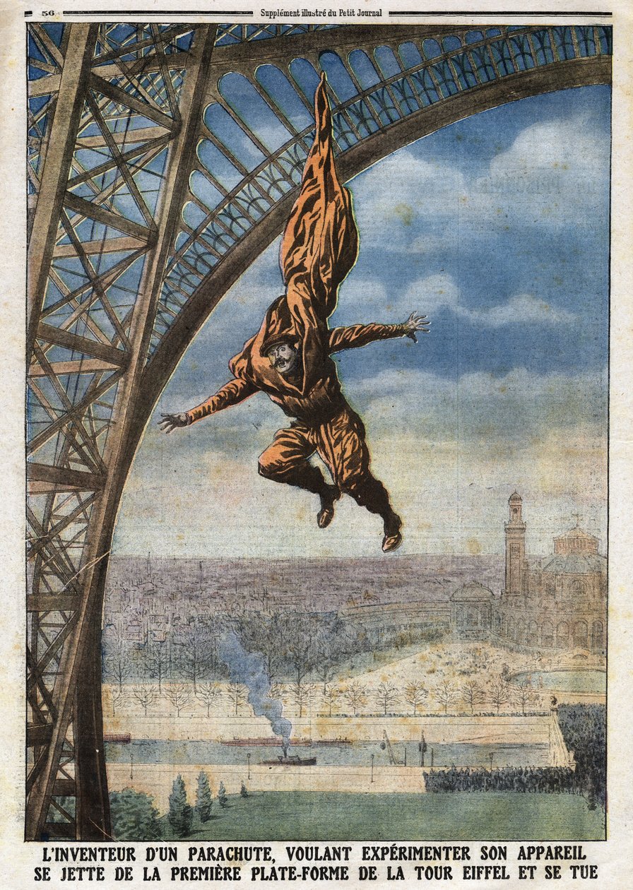 Avusturya asıllı Fransız terzi Franz (ya da Francois) Reichelt (1879-1912), uçağını denemek isteyen paraşüt mucidi, kendisini Eyfel Kulesi'nin ilk platformundan aşağı atar ve öldürür. “” Le Petité Journal””da gravür, by Anonymous Anonymous