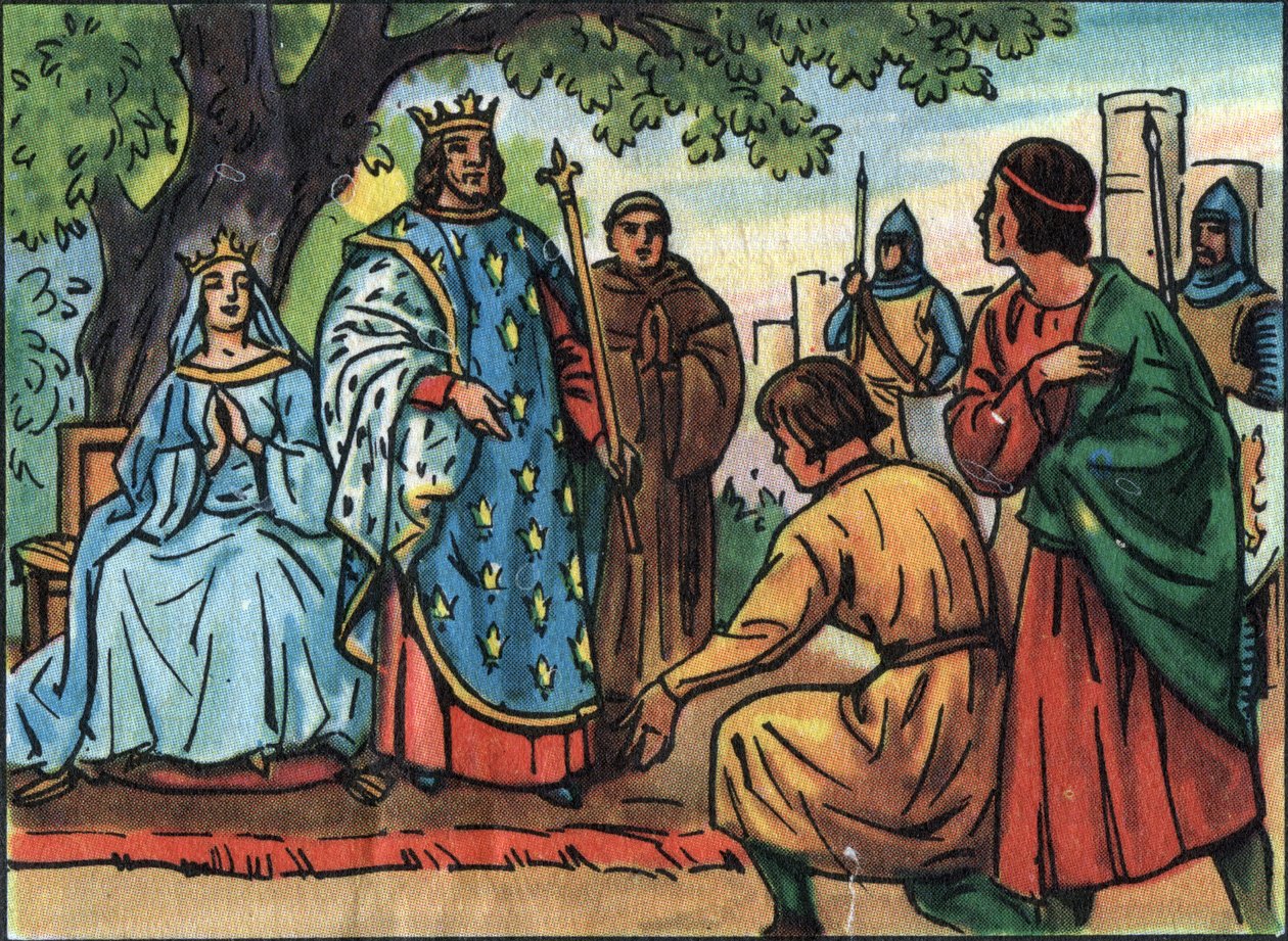 Fransa Kralı Saint Louis (Louis IX 1214-1270), Bois de Vincennes meşesinin altında adaleti yerine getiriyor. “Fransa Hükümdarları ve Devlet Başkanları Koleksiyonu”nda anonim illüstrasyon. 20. yüzyıl. Özel koleksiyon. by Anonymous Anonymous