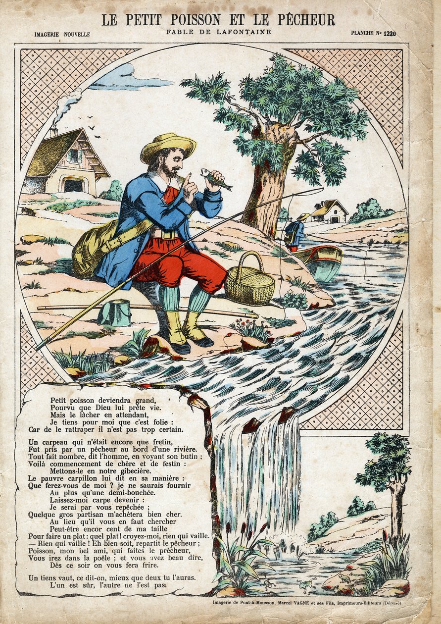Küçük Balık ve Balıkçı. Jean de LA FONTAINE (Lafontaine) (1621-1695) tarafından Les Fables için anonim illüstrasyon. 1880 dolaylarında Pont-a-Mousson