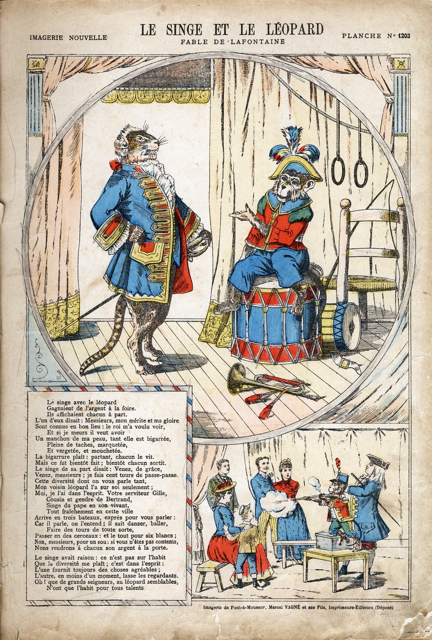 Maymun ve Leopar. Jean de LA FONTAINE (Lafontaine) (1621-1695) tarafından Les Fables için anonim illüstrasyon. 1880 dolaylarında Pont-a-Mousson